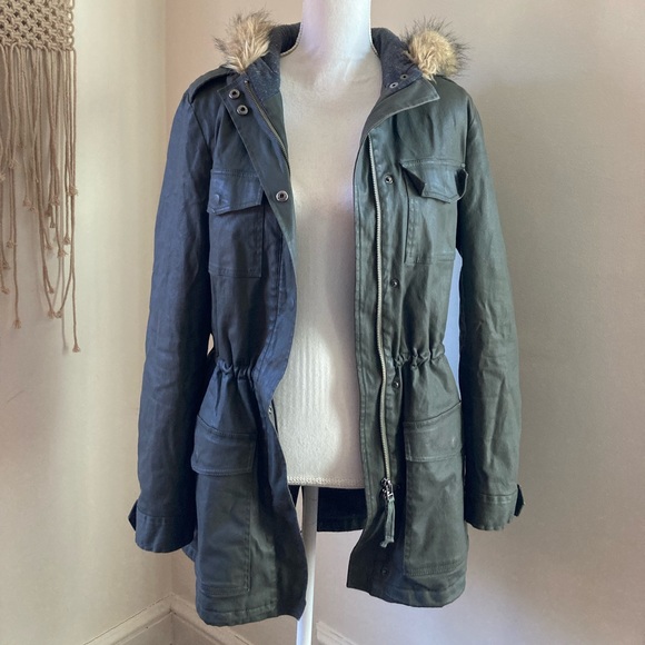 Joie Olive Green Coat Jacket with Fur Hoodie - Picture 2 of 6